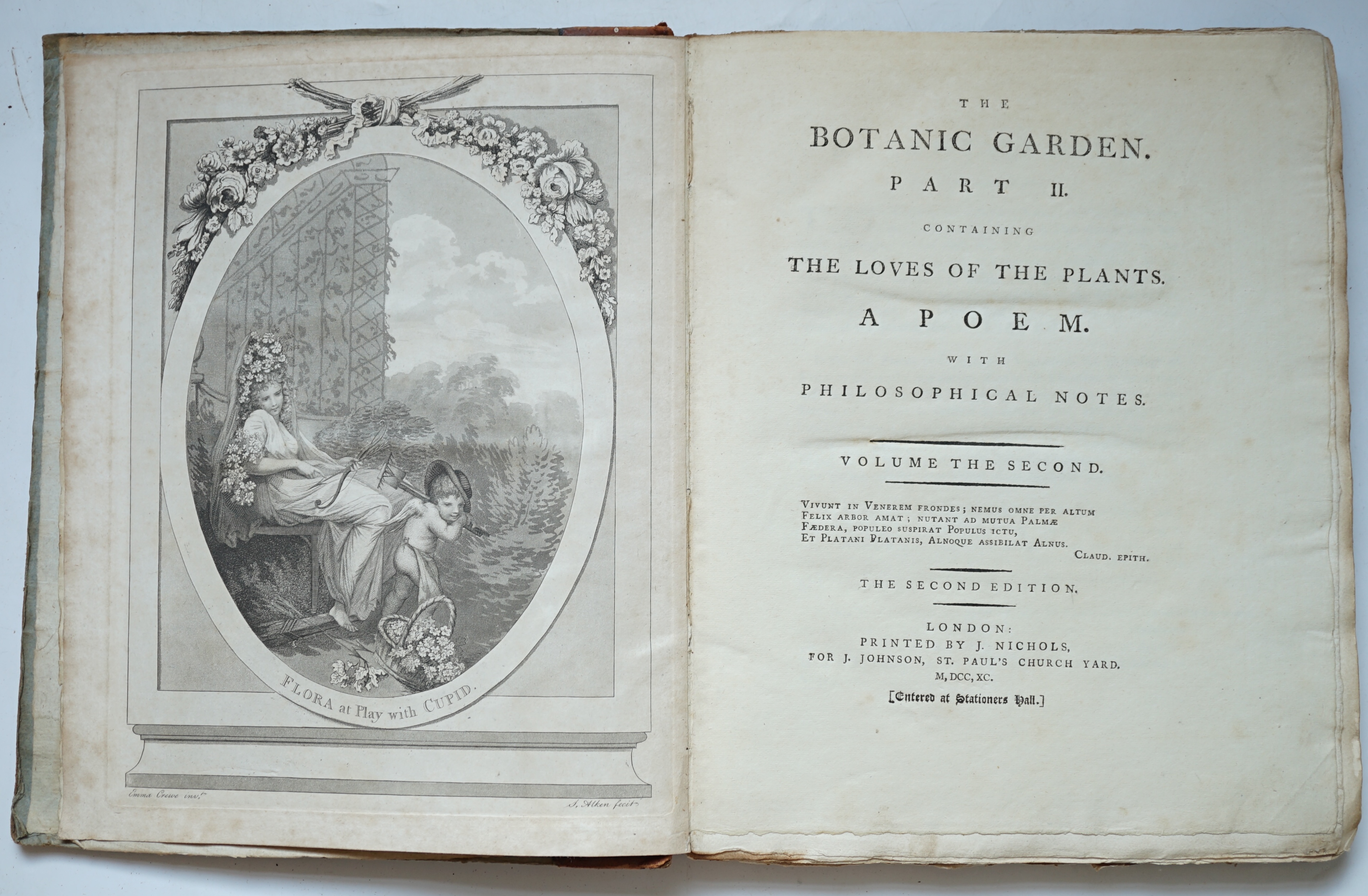 [Darwin, Erasmus] - The Botanic Gardens. Part ll. Containing the Loves of the Plants. A Poem with Philosophical Notes, 2nd edition, vol 2 only, with engraved frontispiece and 9 plates by F.P. Nodder, 4to, quarter calf, s